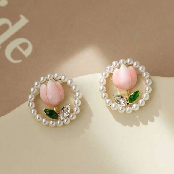 3for$20 NWT 1pair Party Alloy Faux Pearl & Oil Drop Tulip Stud Earrings - Picture 2 of 4